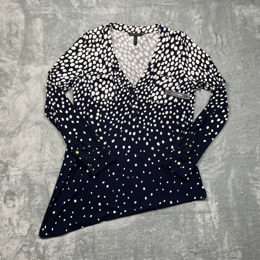 BCBGMAXAZRIA Asymmetrical Tunic Top Womens Large Navy Blue Polka Dot V-Neck L